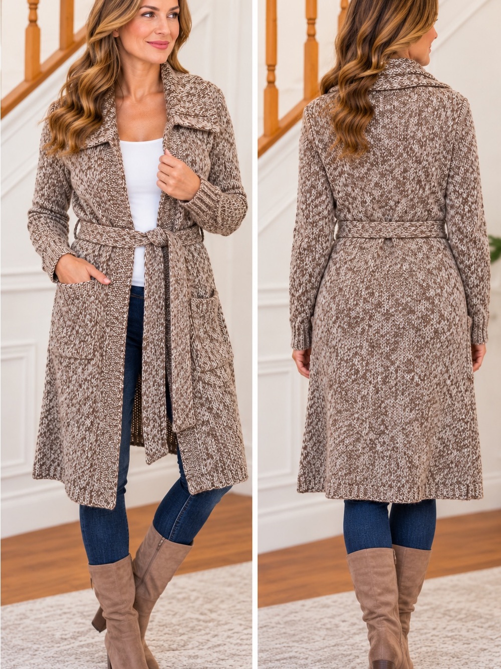Talbots Taupe Marled Belted Shawl Collar Cardigan